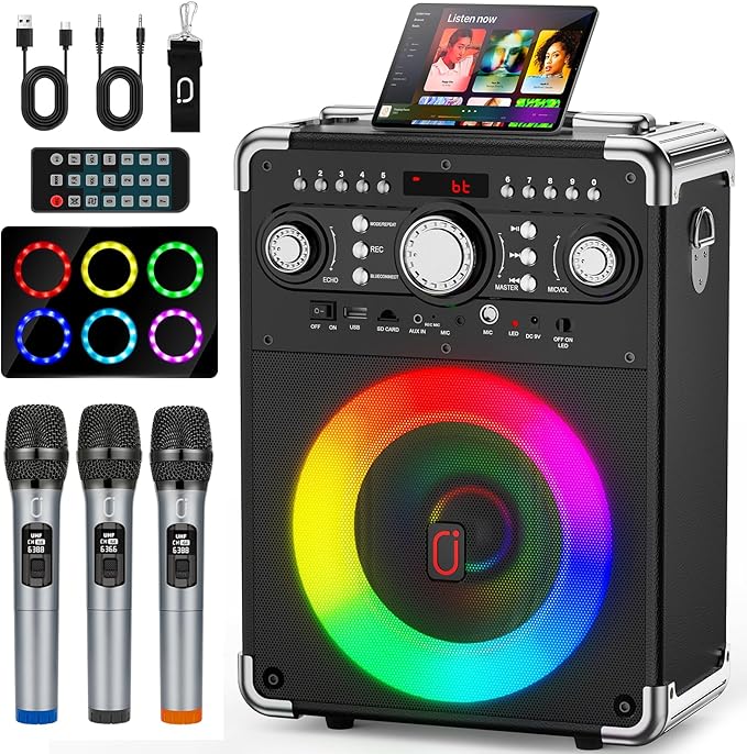 Karaoke Machine with 3 Wireless Microphones for Adults, Portable Bluetooth Party Speaker with Echo Adjustment, Singing Machine Support TWS/USB/TF Card/Guitar/TV Connected for Outdoor/Events etc