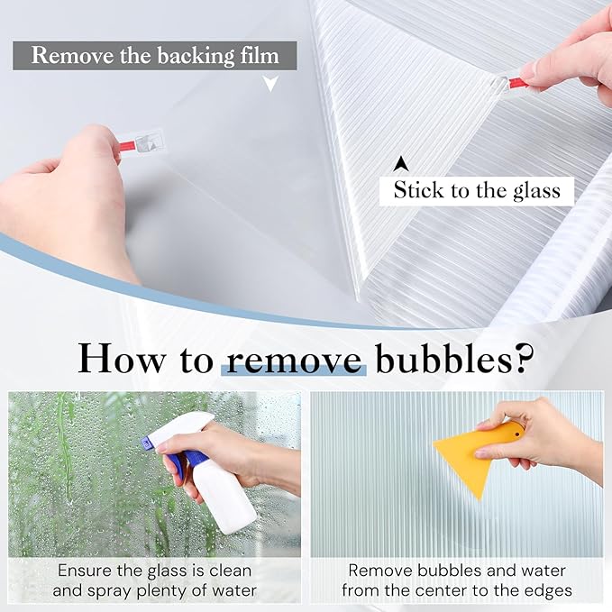 Haton Reeded Glass Window Privacy Film, Frosted Glass Window Film, Static Cling UV Blocking Stickers, Decorative Removable Cover for Bathroom Door Office, Non Adhesive 23.6" x 118.1"
