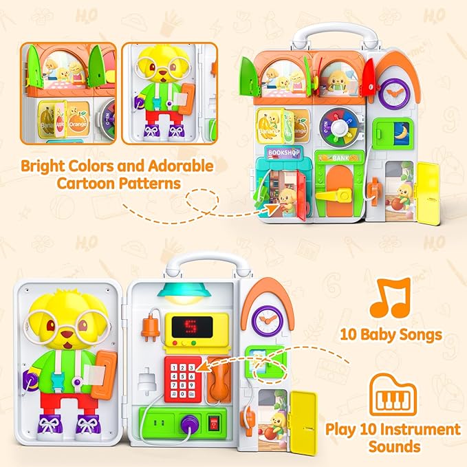 Montessori Busy Board for 1 Year Old Boy Girl, Musical Baby Toys 12-18 Months, Bilingual Learning Educational Toddlers Toys for 1-2 Year Old Birthday Gifts