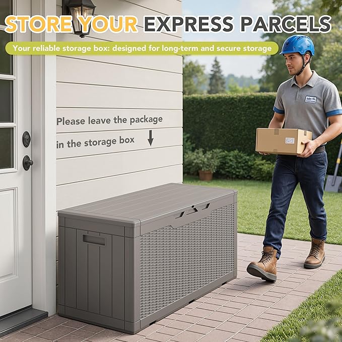 Greesum 100 Gallon Resin Deck Box Lockable Large Outdoor Storage Boxes for Garden Tools, Patio Furniture Cushions, Pool Supplies, Light Coffee