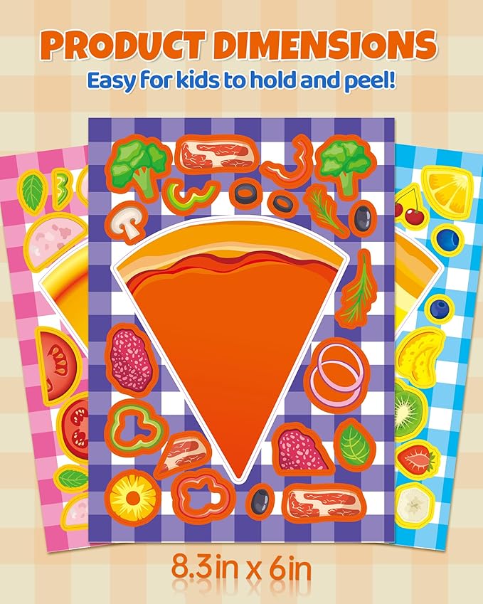 Aowplc 32 Sheets Make A Pizza Stickers for Kids, 8 Designs Mix 'n Match Pizza Crafts, Party Favors & Classroom Activities