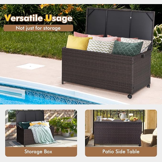 Tangkula 50 Gallon Wicker Deck Storage Box, Patio Rattan Storage Container with 2 Universal Wheels, Safety Pneumatic Rod, Zippered Liner, Sturdy Steel Frame, Ideal for Backyard, Poolside