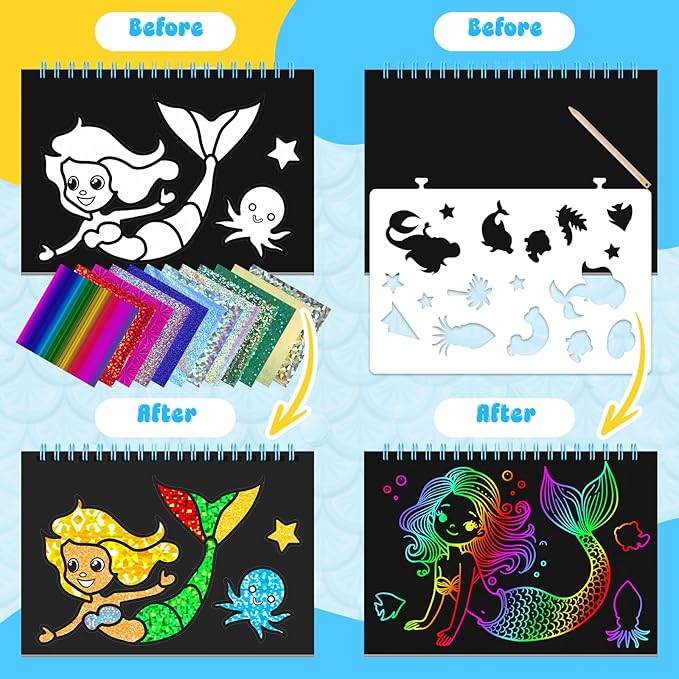 homicozy Art & Craft Activity for Kids - Foil Fun Mermaids & Scratch Art Book 2-in-1, No Mess Art Crafts for Girls,DIY Creative Activity Kit,Gifts for Girls Ages 4, 5, 6, 7, 8, 9, Travel Toys