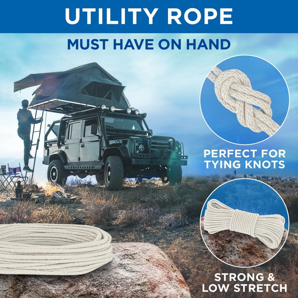 TECEUM 500lb Cotton Rope 3/16” (5 mm) – 100 FT – Strong All-Purpose Braided Rope – Natural Cotton – for Crafting, Сamping, Clothes Line, DIY, Indoor & Outdoor Use – Natural