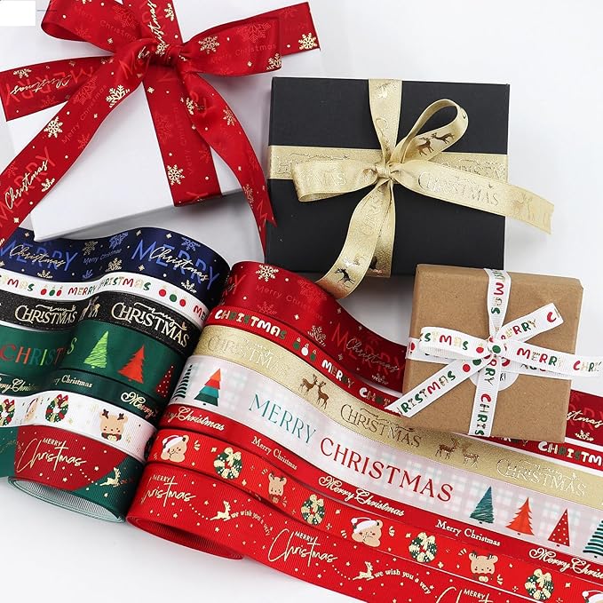 Christmas Gift Wrapping Ribbon, Red, Green, 2 Rolls Printed Grosgrain Ribbons for Crafts, Floral Bouquets, Sewing, Party and Festive Holiday Decor (2 Rolls(White/Red), 1 Rolls=5/8in * 5Yards)