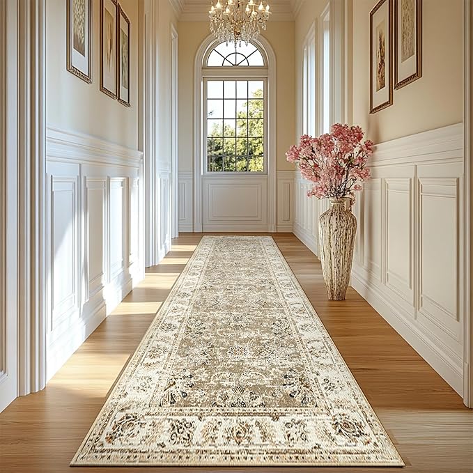 jinchan Long Hallway Runner Rug 2x12 Machine Washable Runner Rug Taupe Vintage Floral Design Non-Slip Ultra-Thin for Kitchen Laundry Room Bedroom Farmhouse (2‘x12',Taupe)