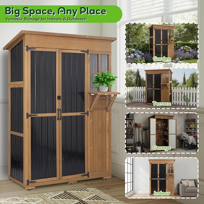 Large Outdoor Storage Cabinet Waterproof with Shelves, Outside Storage Shed Tall Backyard Cabinet with Fold-Out Table for Patio, Garage, Garden, Pool Accessories Storage (70.5" H x 51" L)