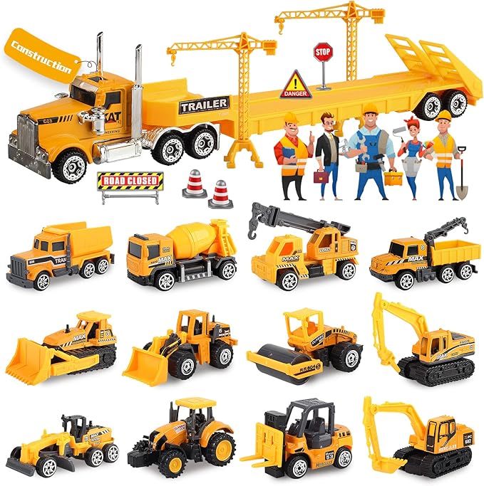 Oriate 28pcs Construction Toys for Kids, 12pcs Mini Diecast Construction Vehicles Toy with Flatbed Transport Trailer, Educational Digger Excavator Bulldozer Forklift Trucks Cake Topper Stickers
