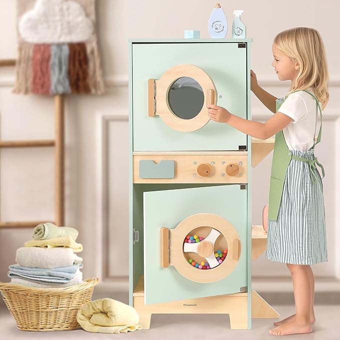 Wooden Washer-Dryer Playset for Kids – 2-in-1 Laundry Center Toy, Dual-Opening Doors, Spinning Drum & Click-Knobs, Basket + Iron Accessories – Montessori Pretend Play Gift Ages 3-6
