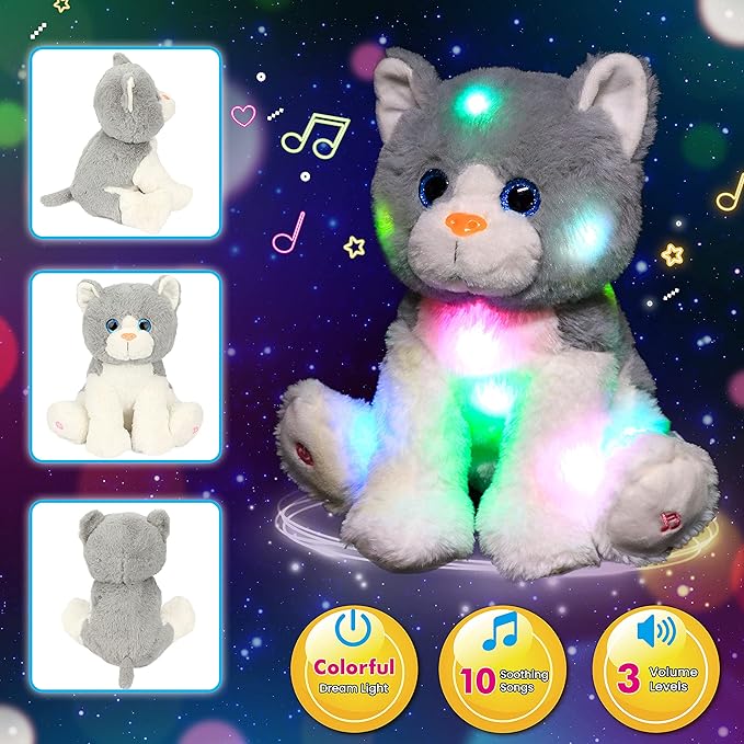 Cuteoy Light-up Singing Plush Cat LED Musical Kitty Stuffed Animal Adjustable Volume Lullaby Plushies Birthday Christmas Toy Gifts for Kids Toddler Girls, 10.5"