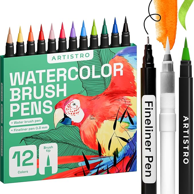 ARTISTRO 12 Watercolor Markers with Flexible Paint Brush Pens for Pros & Beginners - Consistent, Smooth, Bright, Washable, Non-Toxic, Ideal for Coloring, Calligraphy, & Manga