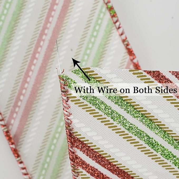 MEEDEE Red and Green Diagonal Striped Ribbon 2.5 Inch White Satin with Lime Green and Red Glitter Wired Ribbon for Christmas Tree, Garlands, Wreaths, Topper Bow (10 Yards)
