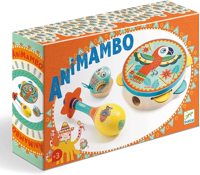 DJECO Animambo Tambourine, Maraca, Castanet Music Instrument Set - Cute Parrot, Fish & Owl Design Toddler Educational Musical Toy for Creativity & Rythym - Toys for 3+ Years Girls & Boys