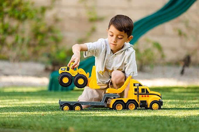 CAT Construction Toys, CAT Construction Heavy Mover, Semi Truck and Trailer with Mini Crew Wheel Loader, Lights and Sounds, Ages 3 and up