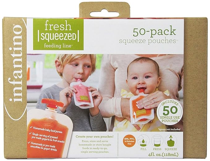 Infantino Disposable Squeeze Pouches - Pack of 50 Disposable Pouches for Portable Homemade semi-Solid Food for Babies and Toddlers, BPA and PVC Free, Freezer Safe