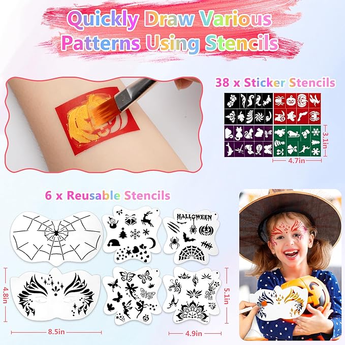 Halloween Face Painting Kit, 42 Color Non-Toxic Water Face Paint Kit with Brushes Gems Stencils, Professional Face Paint for Party, Creative Activity, Birthdays, Halloween Christmas Makeup Kit