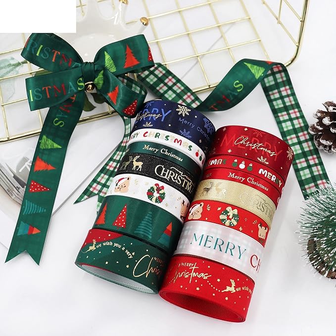 Christmas Gift Wrapping Ribbon, Red, Green, 2 Rolls Printed Grosgrain Ribbons for Crafts, Floral Bouquets, Sewing, Party and Festive Holiday Decor (2 Rolls(White/Red), 1 Rolls=5/8in * 5Yards)