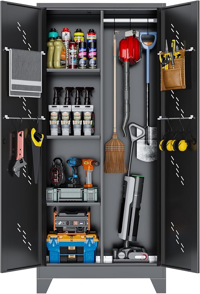Metal Garage Storage Cabinet with Locking Doors, 71" Tall Broom Closet Storage Cabinet, Heavy Duty Garage Organization Cabinets, Steel Cabinet with Hanging Rod, Assembly Required