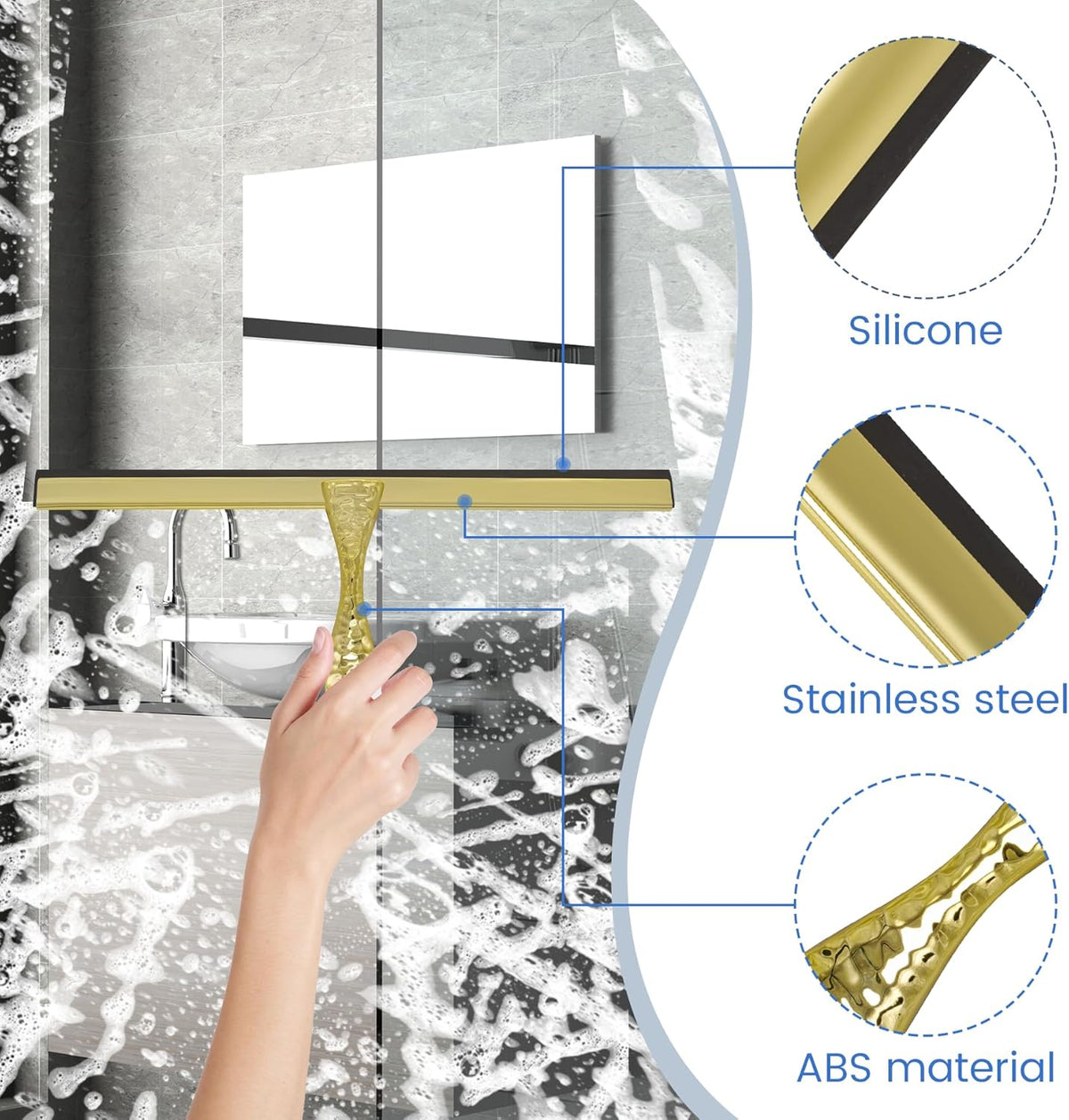 All-Purpose Silicone Shower Squeegee for Shower Glass Door,with 1 Hooks,for Bathroom Glass, Car, Tile Wall, Mirror Cleaning - Flower Shaped Handle for Easy-Grip 10 Inch Golden