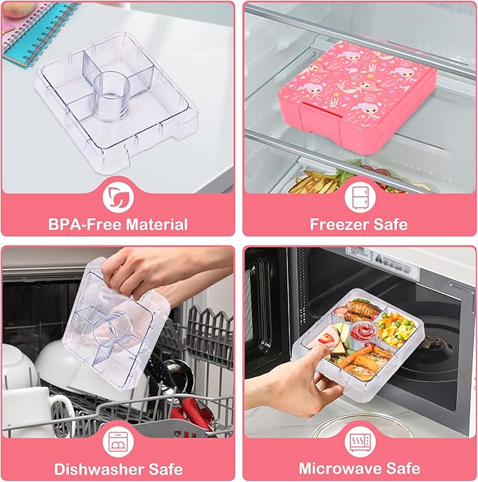 Bento Lunch Box Set With 10oz Soup Thermo, Leak-proof Lunch Containers with 4 Compartment, Kids Hot Thermo Food Jar/Insulation Lunch Bag, Food Containers for School（Mermaid）