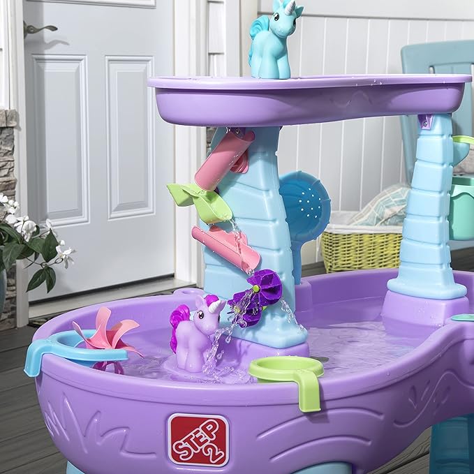 Step2 Rain Showers and Unicorns Water Table, Kids Water and Sand Activity Sensory Playset, Summer Outdoor Toys, 13 Piece Water Toy Accessories, for Toddlers 1.5+ Years Old, Blue & Purple