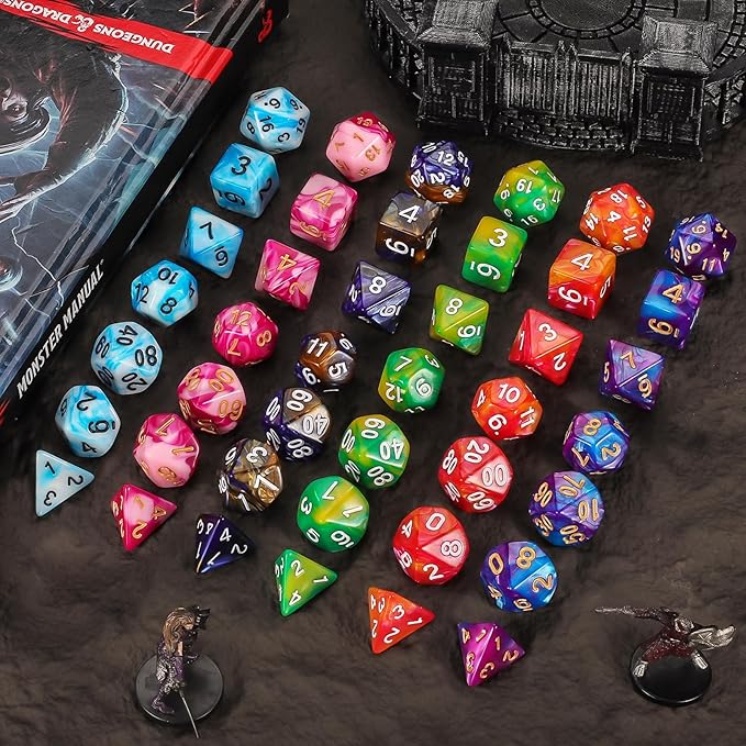 QMAY Polyhedral Dice - 48PCS Mystery Dice Set, Various Styles, Random D&D Dice Patterns & Dice Bag, 6 Mystery Bags, DND Gifts, Suitable for Dungeons and Dragons, RPG, MTG,Role Playing Table Game
