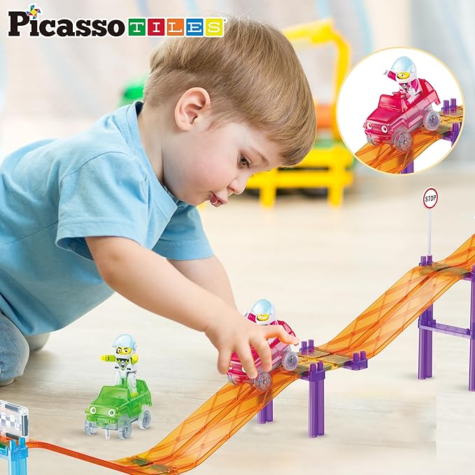 PicassoTiles Magnetic Race Track Car Slide Magnet Building Blocks Tiles Sensory Toys for Kids Toddlers Include Trucks Character Action Figures STEM Learning Kit Races School Age 3+ year Old Boys Girls