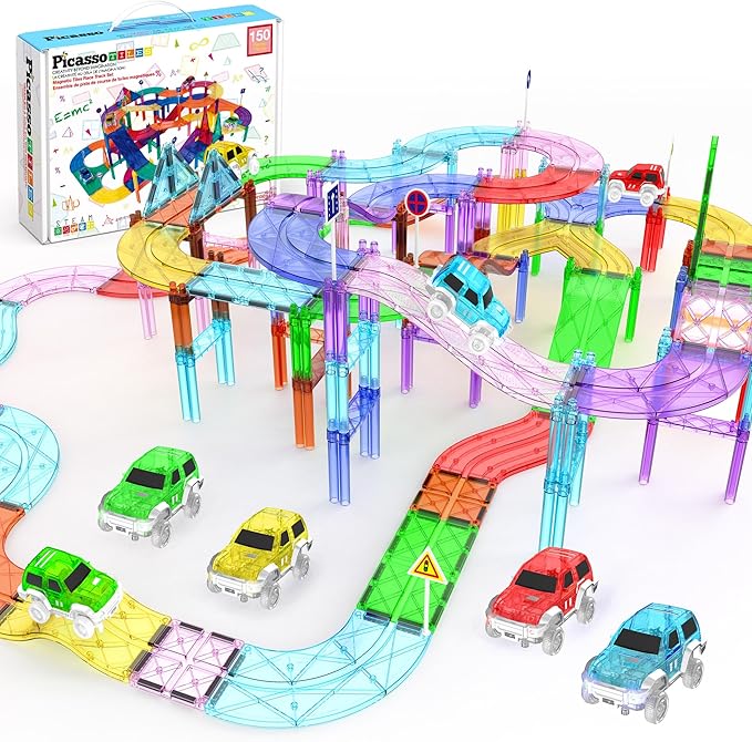 PicassoTiles 150 Piece Race Car Track Building Block Educational Toy Set Magnet Tile Magnetic Blocks Playset 4 Cars Early STEM Learning Construction Kit Hand-Eye Fine Motor Skill Brain Training PTR150