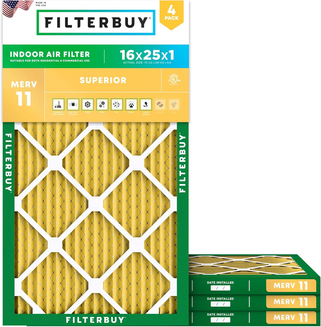 Filterbuy 16x25x1 Air Filter MERV 11 (MPR 1200) Allergen Defense Replacement (4-Pack), Electrostatic Pleated HVAC AC Furnace Filters, Made in USA (Actual Size: 15.50 x 24.50 x 0.75)