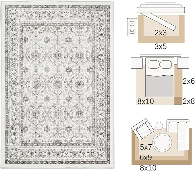 jinchan Floral 2x3 Rugs for Entryway - Machine Washable Beige Vintage Distressed Boho Design Soft Faux Wool Small Non-Slip Doormat for Entrance Kitchen Living Room Bedroom Farmhouse (2‘x3',Beige)