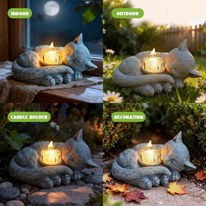 Sleeping Cat Candle Holder Statue Realistic Resin Cat Figurine with Candle Tray Outdoor Garden Decor for Patio Yard or Indoor Use for Cat Lovers Women and Memorials Grey Stone