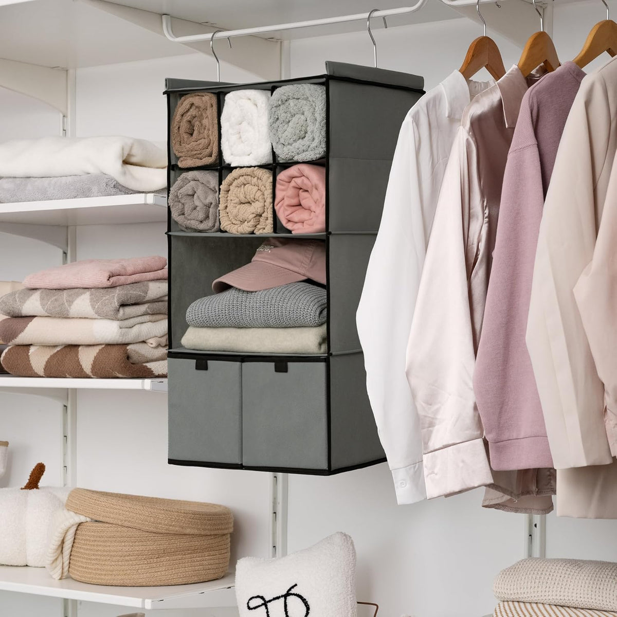 GRANNY SAYS Hanging Closet Organizer with Drawers, 4 Shelf Dividers Closet Hanging Organizer, Foldable Hanging Shelves for Wardrobe Closet, Small Closet Organizers for Clothes Shoes, Grey