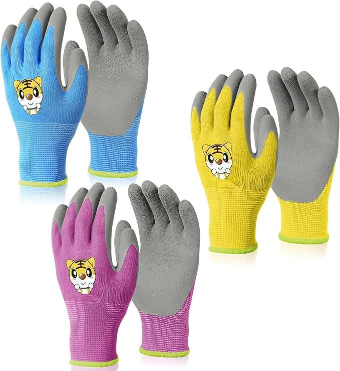 OSDUE Kids Gardening Gloves, 3 Pairs Gardening and DIY Gloves, Non-Slip Breathable Comfortable Safety Kid Suitable for Kids Under 5 Years Old Rubber Palm, Waterproof and Dustproof
