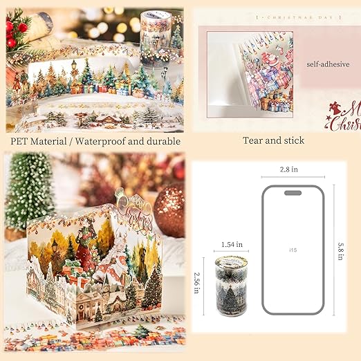 6 Rolls PET Washi Tape Stickers Set,Christmas Washi Tape for Journaling,Winter Aesthetic Stickers for Scrapbook Supplies,Junk Journal,Planner(Christmas Diary)