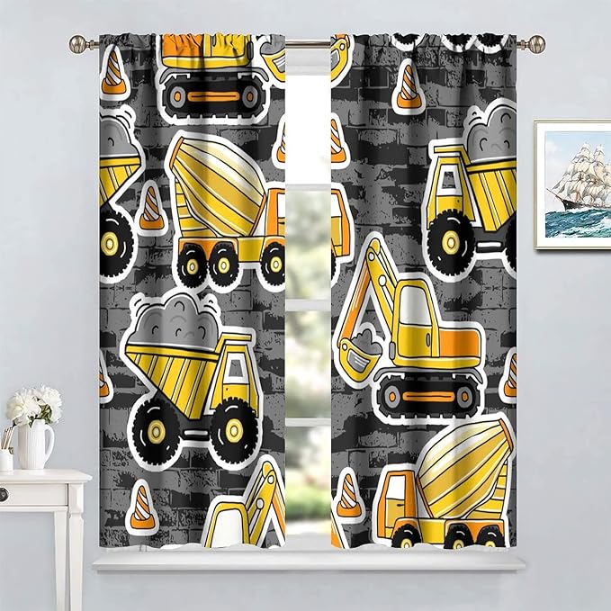 Kids Construction Excavator Window Curtains, Yellow Excavator Transporter Truck Cartoon Vehicles Rod Pocket Decorative Window Curtain for Children Teens Room 63x72in (30% Blackout)