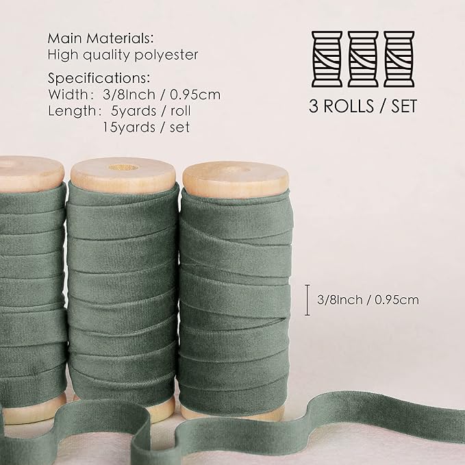 Vitalizart Dusty Green Velvet Ribbon Set 3/8" x 15 Yd Wooden Spool Fabric Trim 3 Rolls * 5 Yd for Christmas Wreath Decoration Handmade Craft Ornaments Gift Wrapping & Bow Making