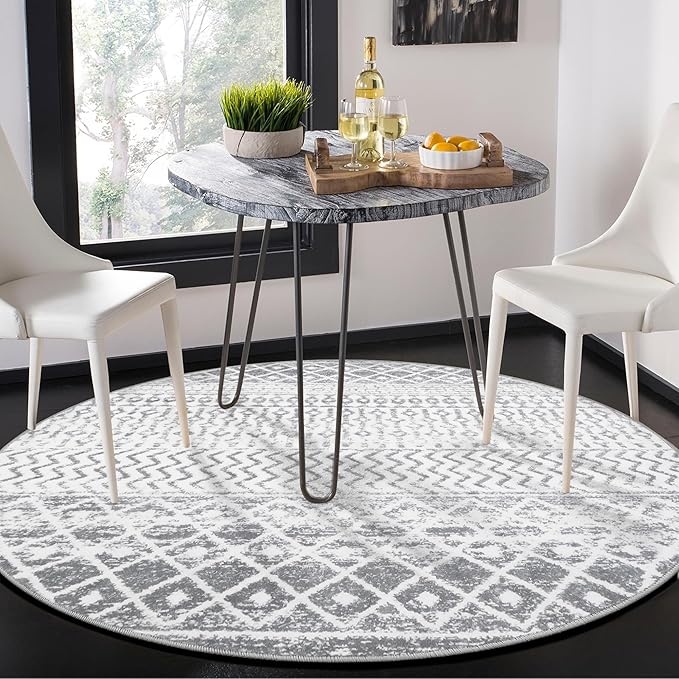 Moroccan Washable Round Rug, 4ft Grey Circle Rug Non Slip with Rubber Backing, Soft Non-Shedding Neutral Area Rug Indoor Floor Carpet for Bedroom Living Room Dining Room