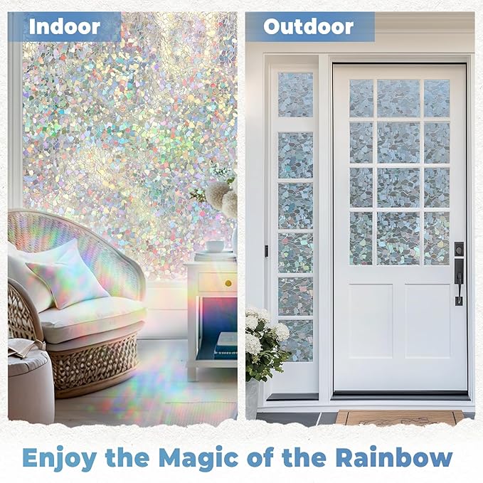 DOWELL Window Privacy Film Rainbow Film, Stained Glass Decorative Sticker, Static Cling Non-Adhesive Glass Clings, Sun Blocking Heat Control Window Coverings for Home Door, 23.6" x 157.4"