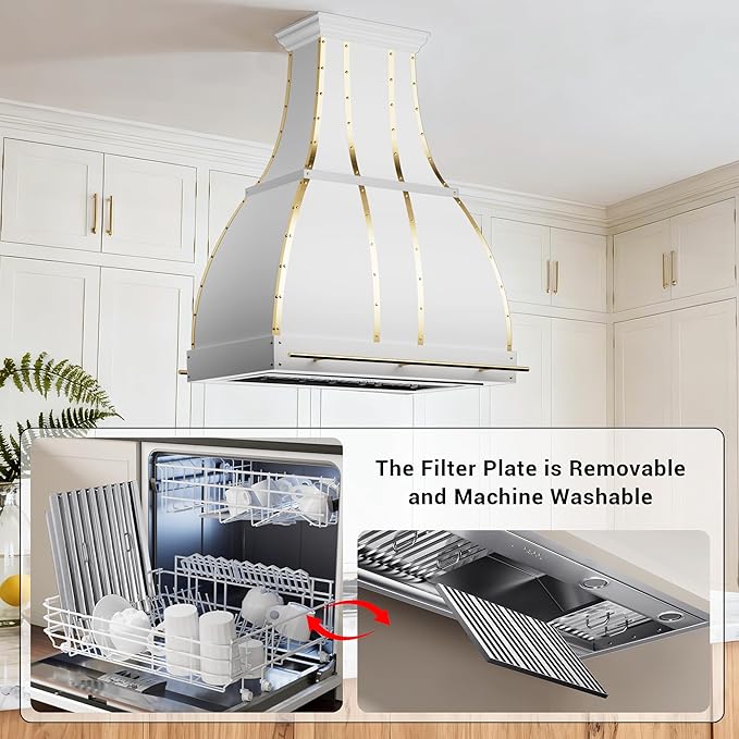 CHETTO C Stainless Steel Range Hood Cover with 4-Speed Vent Hood Insert Custom Handcrafted Metal Kitchen Fan with Towel Rack LED Light 42"W x27"D x54"H White Island Mount