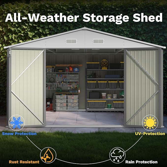 Patiowell 10x14 FT Outdoor Storage Shed, Large Metal Garden Shed with Lockable Door and Sloping Roof, Outside Steel Utility Tool Sheds for Backyard Lawn Garden Patio, Grey
