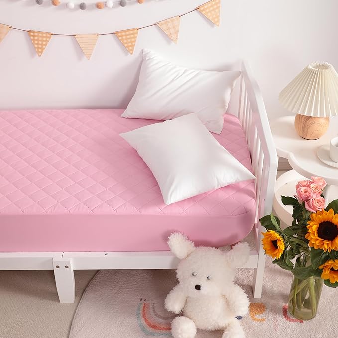 NTBAY 2 Pack Waterproof Mini Crib Mattress Protector, Quilted 24"x38" Fitted Mattress Cover - Machine Washable - Soft and Breathable Baby Mattress Pad Sheet for Mini Crib and Baby Playards, Pink