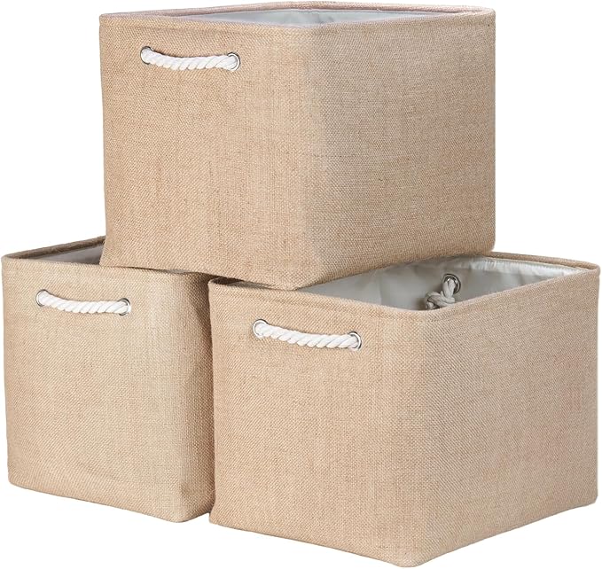 Bidtakay Fabric Storage Baskets for Shelves 3 Pack Large Storage Bins for Organizing Linen Collapsible Organizer for Closet-Flaxen