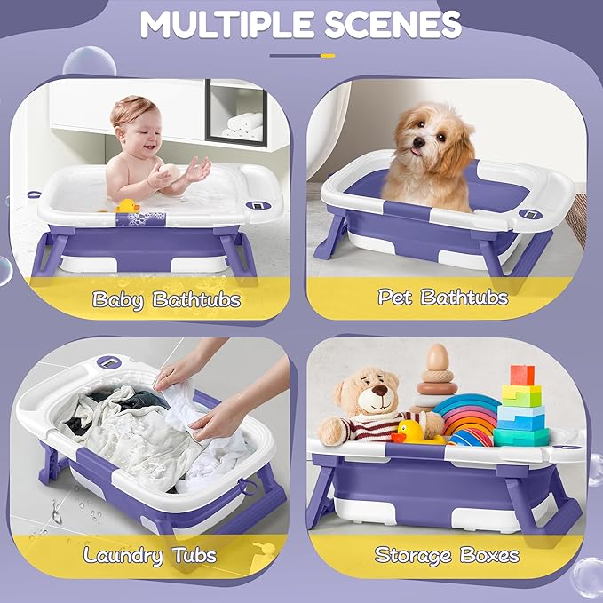 Collapsible Baby Bathtub,Baby Bath Tub with Thermometer & Soft Cushion,Baby Bathtub for Newborn to Toddler 0-36 Months,Portable Travel Baby Tub with No-Slip Feet,Baby Shower Gifts,Lavender