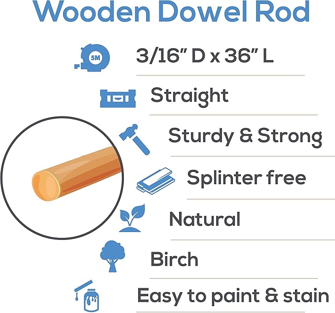 Dowel Rods Wood Sticks Wooden Dowel Rods 3/16 x 36 Inch Unfinished Hardwood Sticks for Crafts and DIY'ers 25 Pieces by Woodpeckers