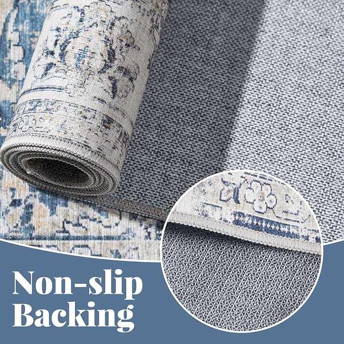 jinchan Floral 3x5 Area Rugs for Entryway - Machine Washable Taupe Vintage Distressed Design Doormat Non-Slip Ultra-Thin Low Pile Boho Rug for Kitchen Living Room Bedroom Farmhouse (3‘x5',Dark Blue)