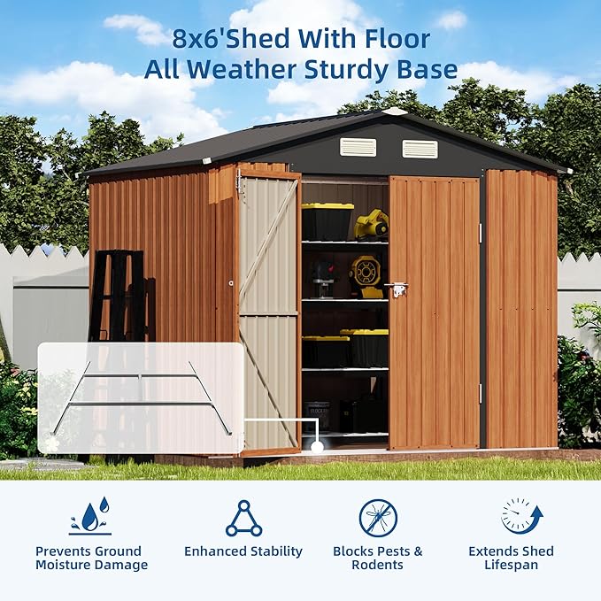 8x6FT Outdoor Storage Shed, Metal Garden Shed with Floor Base, Lockable Doors and Window, Large Tool Shed for Backyard, Patio and Lawn