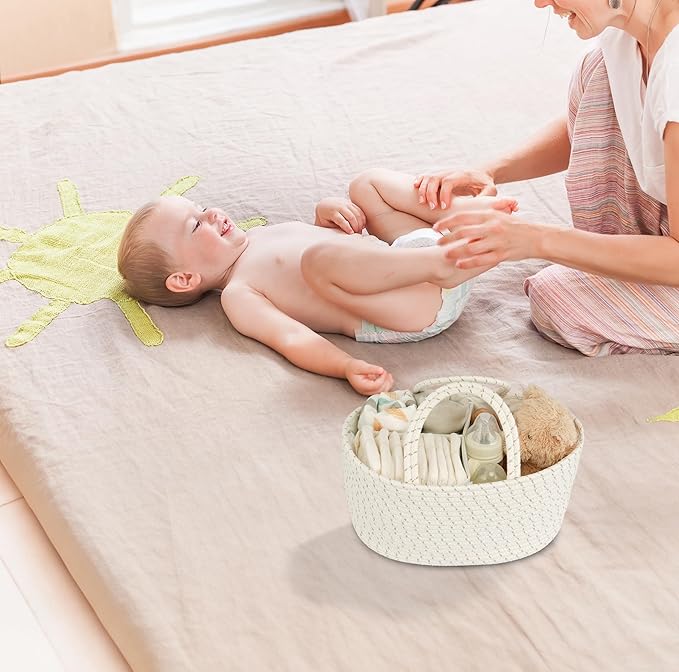 Diaper Caddy Organizer Cotton Rope Baby Basket Nursery Storage and Portable Tote Bag for Car Ideal Baby Shower Gifts and Registry Must-Have for Newborn Essentials striped