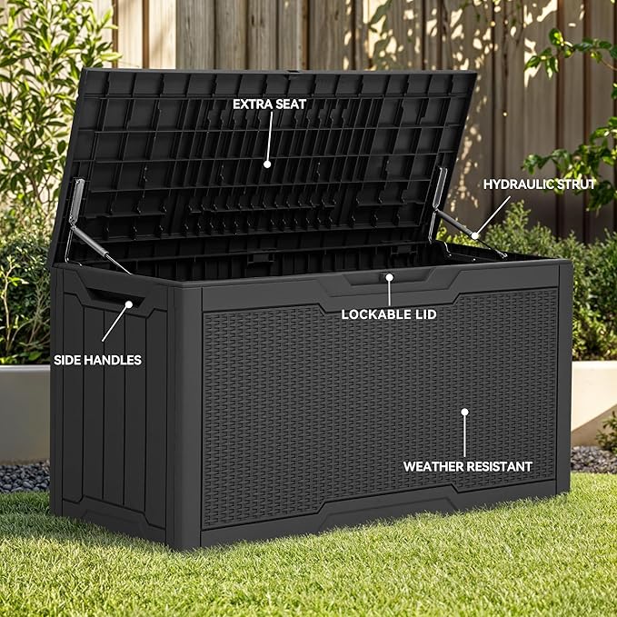 YITAHOME 80 Gallon Outdoor Storage Box, Large Water Resistant Resin Deck Box, Indoor Outdoor Lockable Rattan Storage Container for Patio, Garden, Cushions, Tools, Equipment (Black)