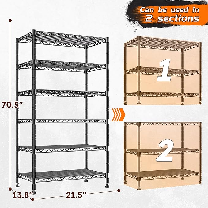 REIBII 6-Tier Metal Shelving Unit Storage Shelves, Sturdy Wire Shelving Adjustable Deep Pantry Shelves Load 800LBS Dorm Storage Shelves for Kitchen Pantry Closet,13.8" D x 21.5" W x 70.5" H