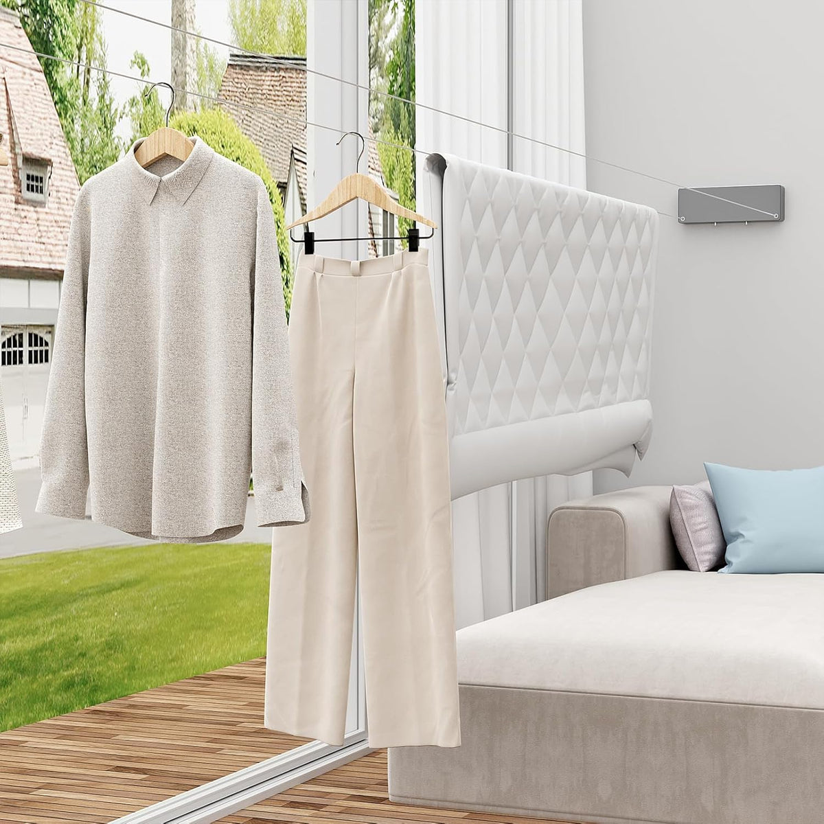 Retractable Clothesline Indoor, Non-Sagging Clothes line retracting Outdoor, Heavy Duty Wall Mounted Laundry Line Adjustable Stainless Steel for Laundryroom, Bathroom, 15.8 Feets Double Lines Grey